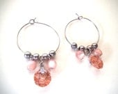 Silver and Pink Crystal Hoop Earrings