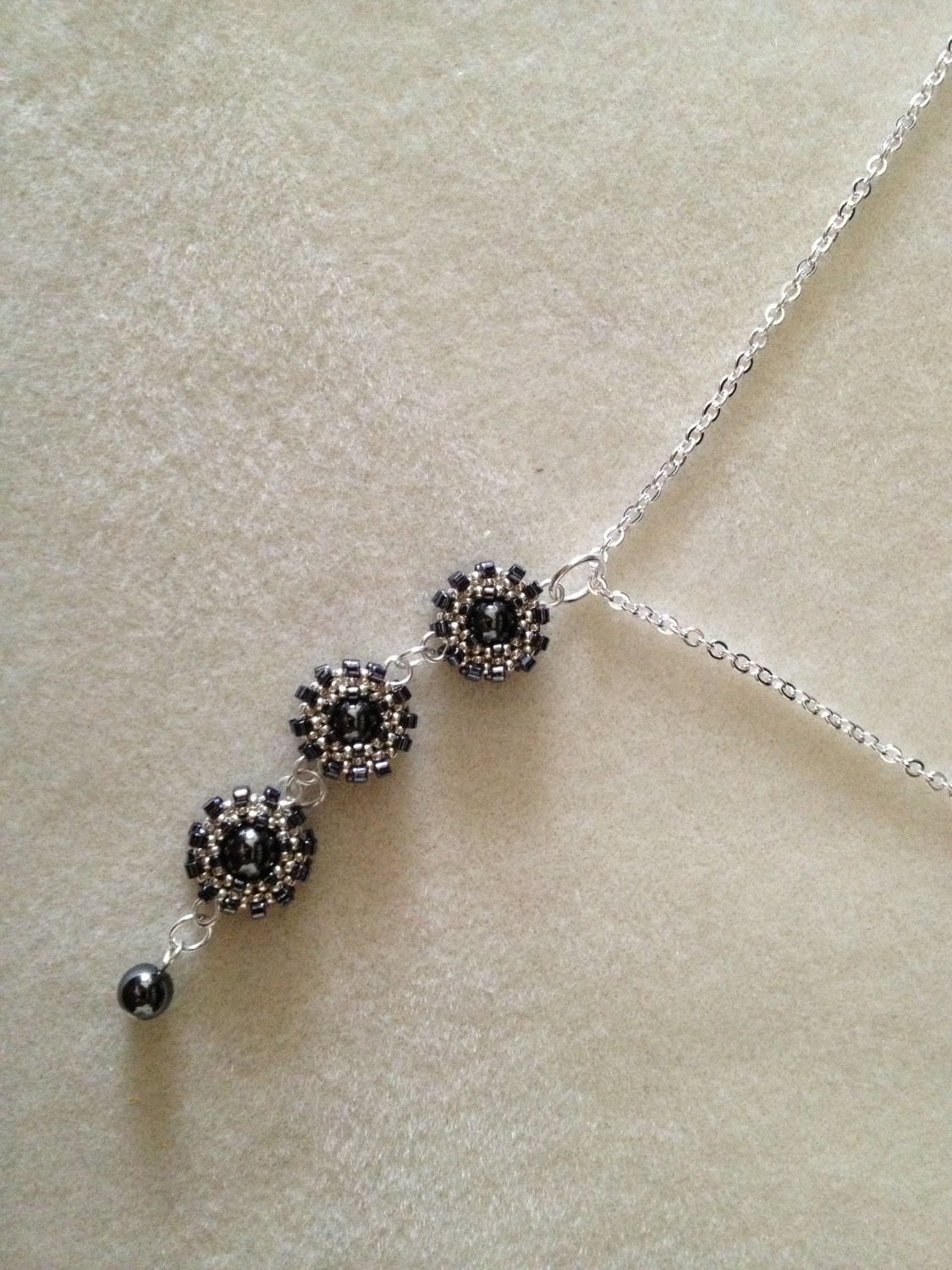 Silver plated Necklace with beaded pendant Hematites raw 3d