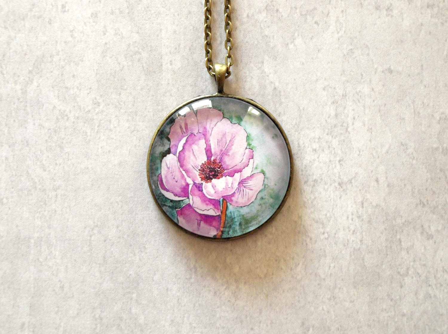 Purple flower pendant - floral jewelry - antique flower necklace - purple green emerald flower - glass dome necklace- summer nature jewelry