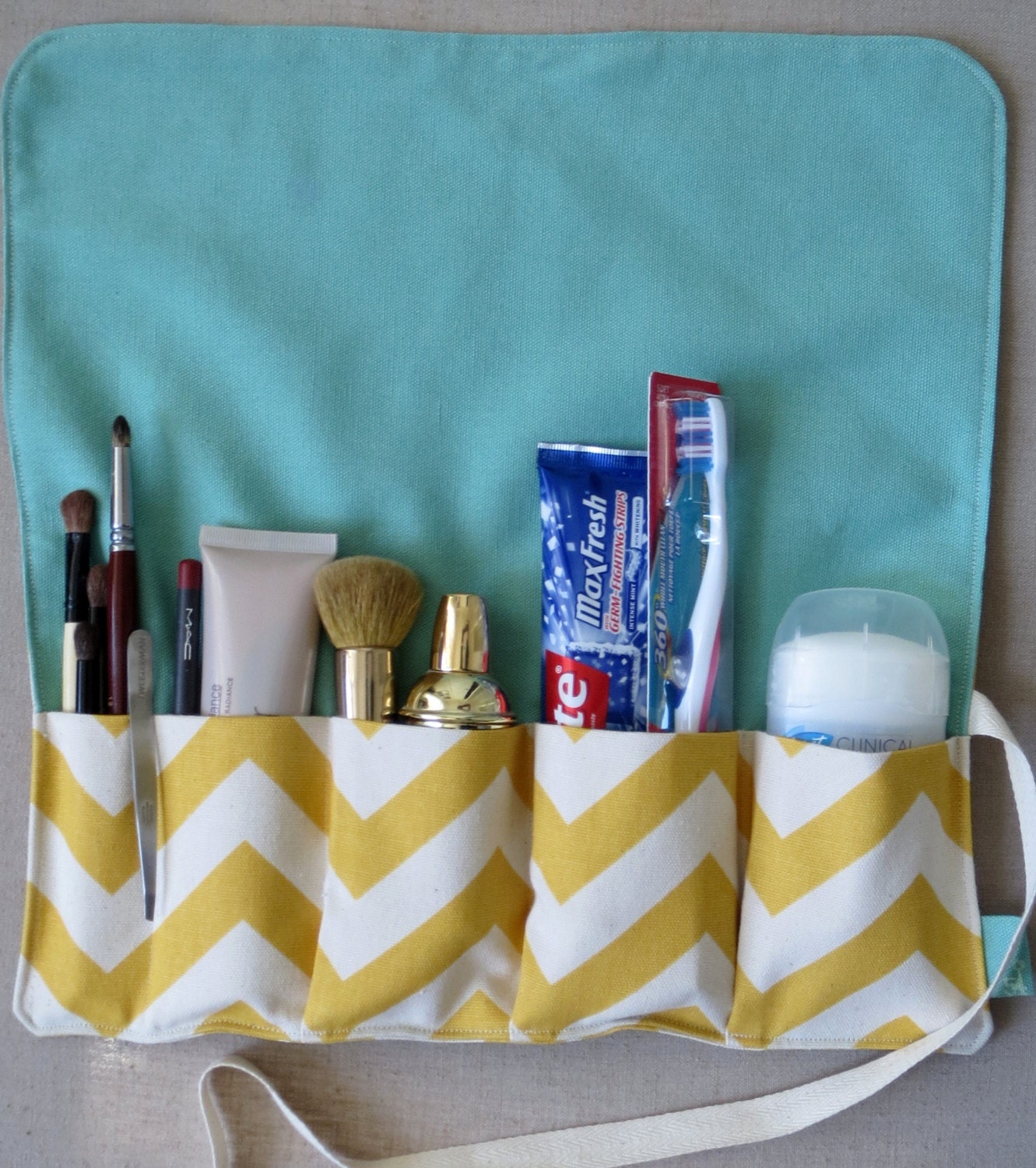 Sister Ziggy Roll/Bag - Chevron and Teal Cosmetic Travel Organizer or Makeup Organizer - DEEP Pockets