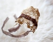 baby bonnet, simply from gold lace and brown chiffon , newborn Photo prop, baby hat, vintage girl