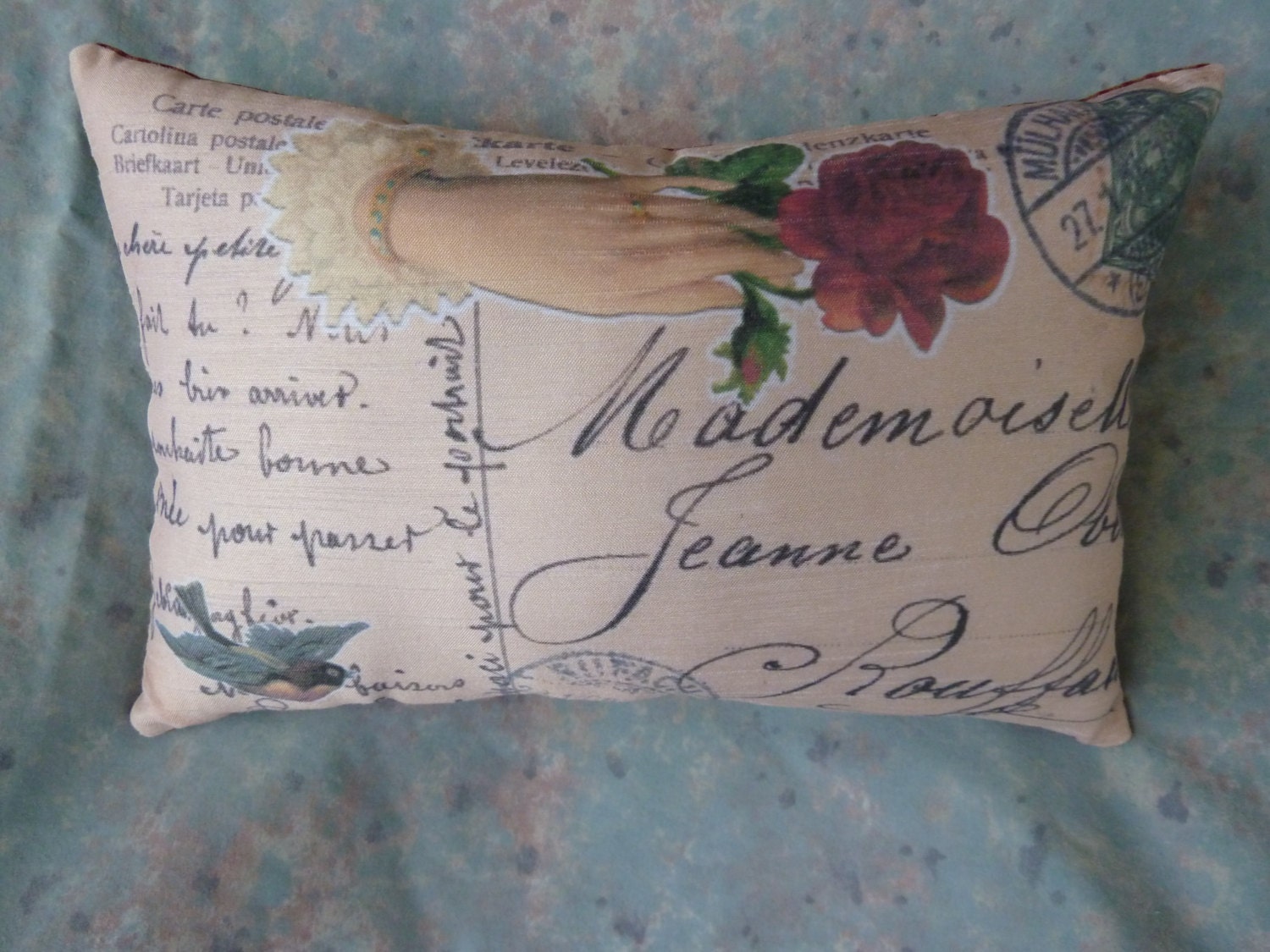 French Pillow Address Postcard from Vintage print w Rose
