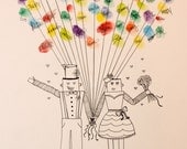 Hand Drawn Ink Guest book Art- Love Robots with Balloons