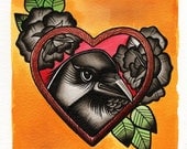 Crow & wooden heart Tattoo Art Print - A4