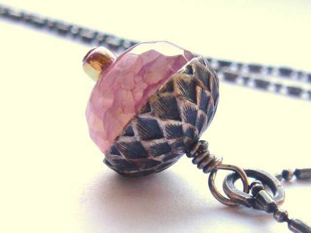 Whimsical Pink Acorn Necklace Silver Oxidized