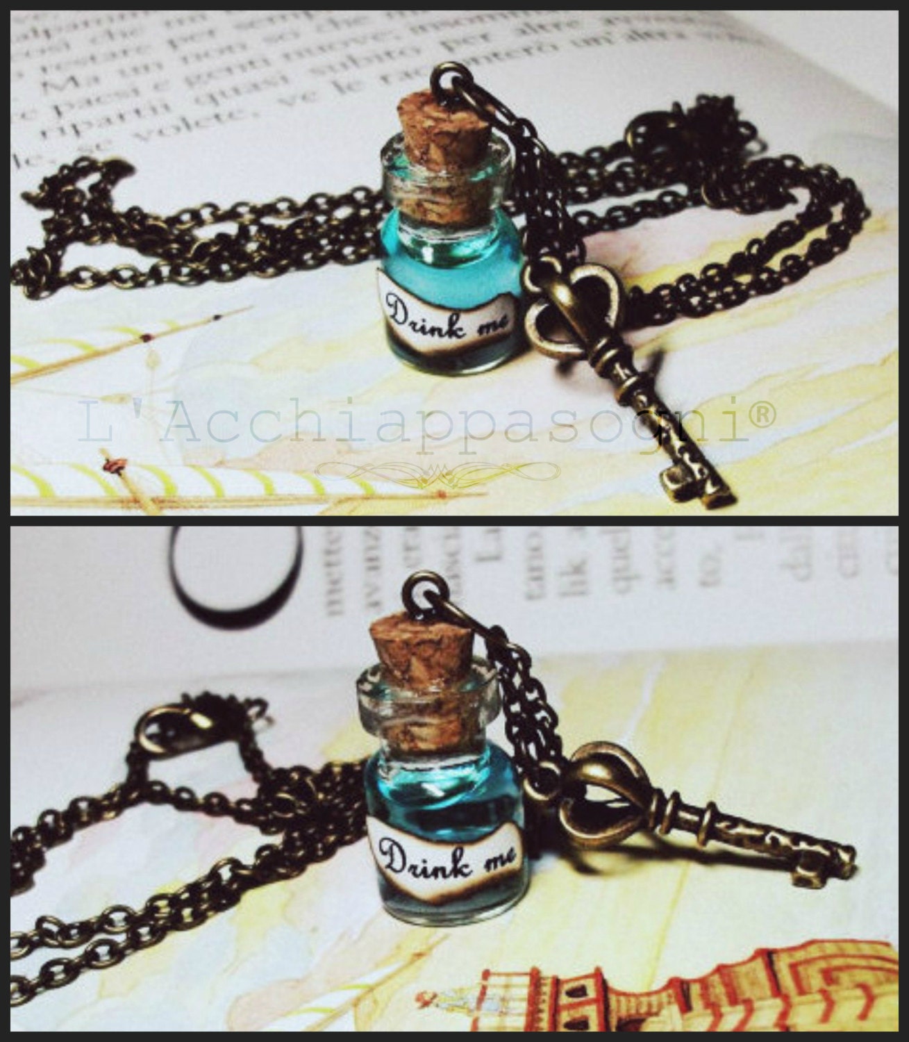 Drink me Alice in wonderland glass bottle with key necklace - bronze chain