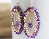 Amethyst Dangle Earrings, Amethyst and Gold Earrings, Purple Earrings, Purple and Gold Earrings, Large Earrings, Wire Wrapped Earrings