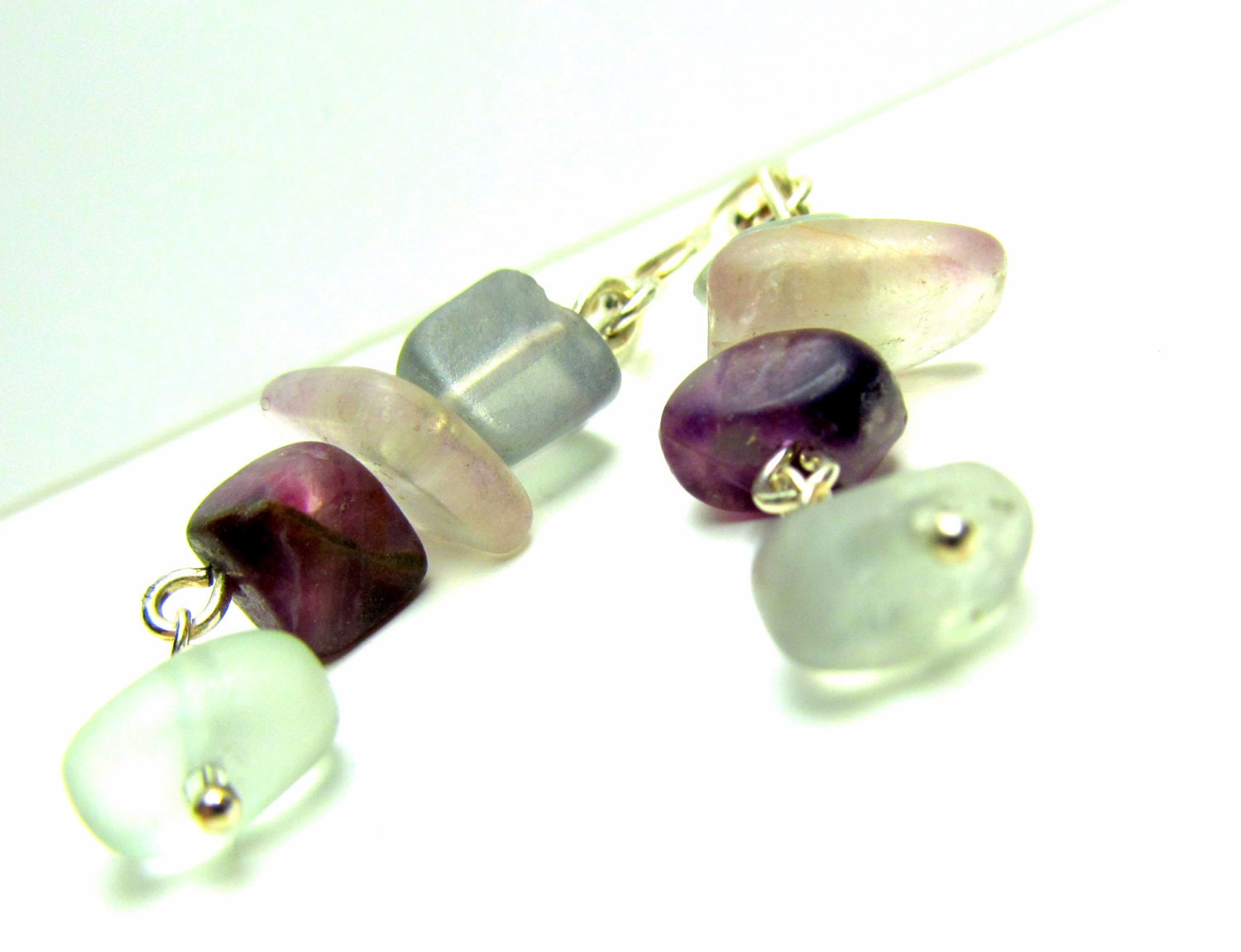 Gemstone Earrings, Rainbow Fluorite Women's Earrings, Green and Purple Gemstone Dangles, Boho Minimalist Organic Earrings