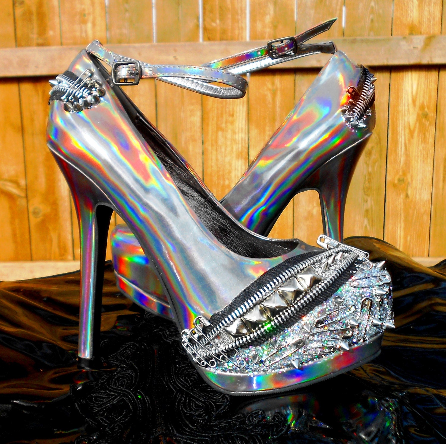 Holographic Hellbound Silver Iridescent Spike Platform Pumps
