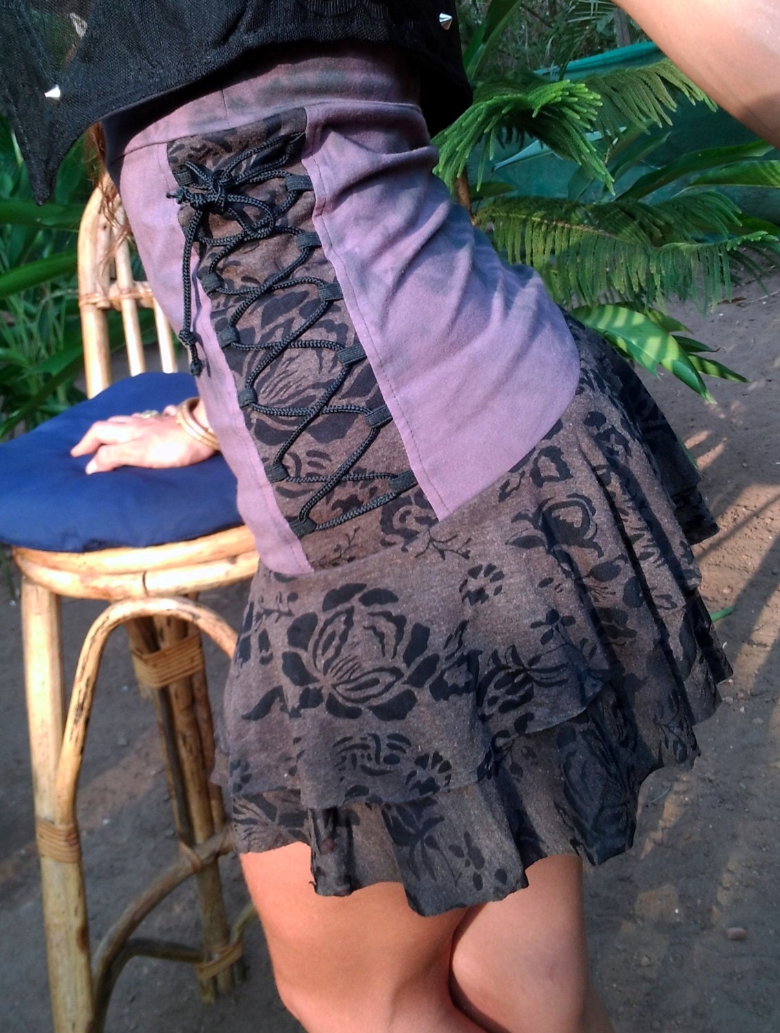 Cotton Lycra laced up skirt with flower print burnout