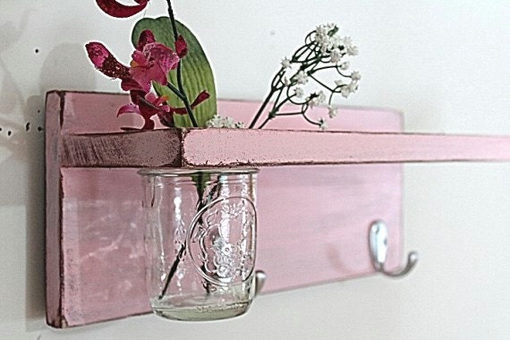 Vintage shelf 2 key hooks with floral wall vase, wood, distressed, sconce, shabby chic, home decor, country style, painted Blossom Pink