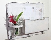 Large Mail Organizer, shabby chic, floral vase, mail holder, key hooks, mail holder, distressed, vintage, home decor,painted vintage white