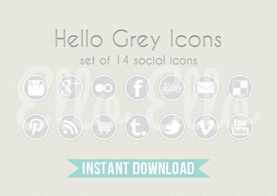 Social Media Icon Set - Instant Download - Circle Buttons - Hello Grey Icons for Facebook, Twitter, Pinterest, Etsy, Google Plus