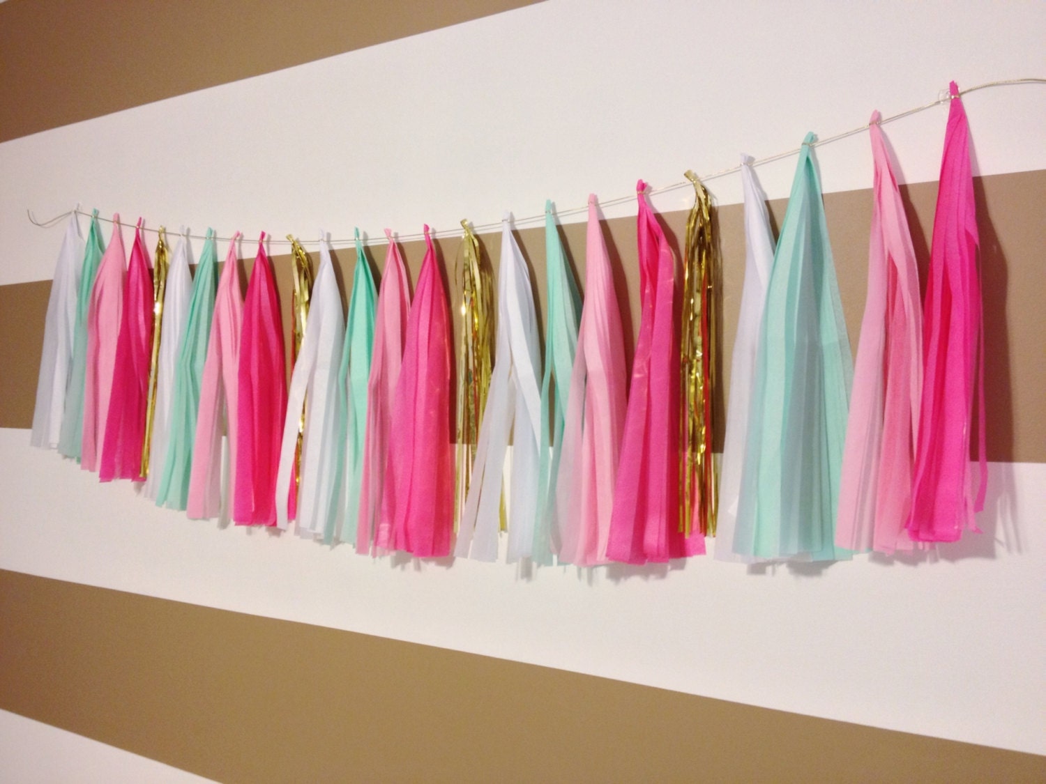 Mint pink white and gold tassel garland