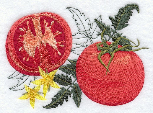Botanical Vegetable Series - Tomatoes on the Vine - Embroidered Decorative Linen Towel or Absorbent White Cotton Flour Sack Towel