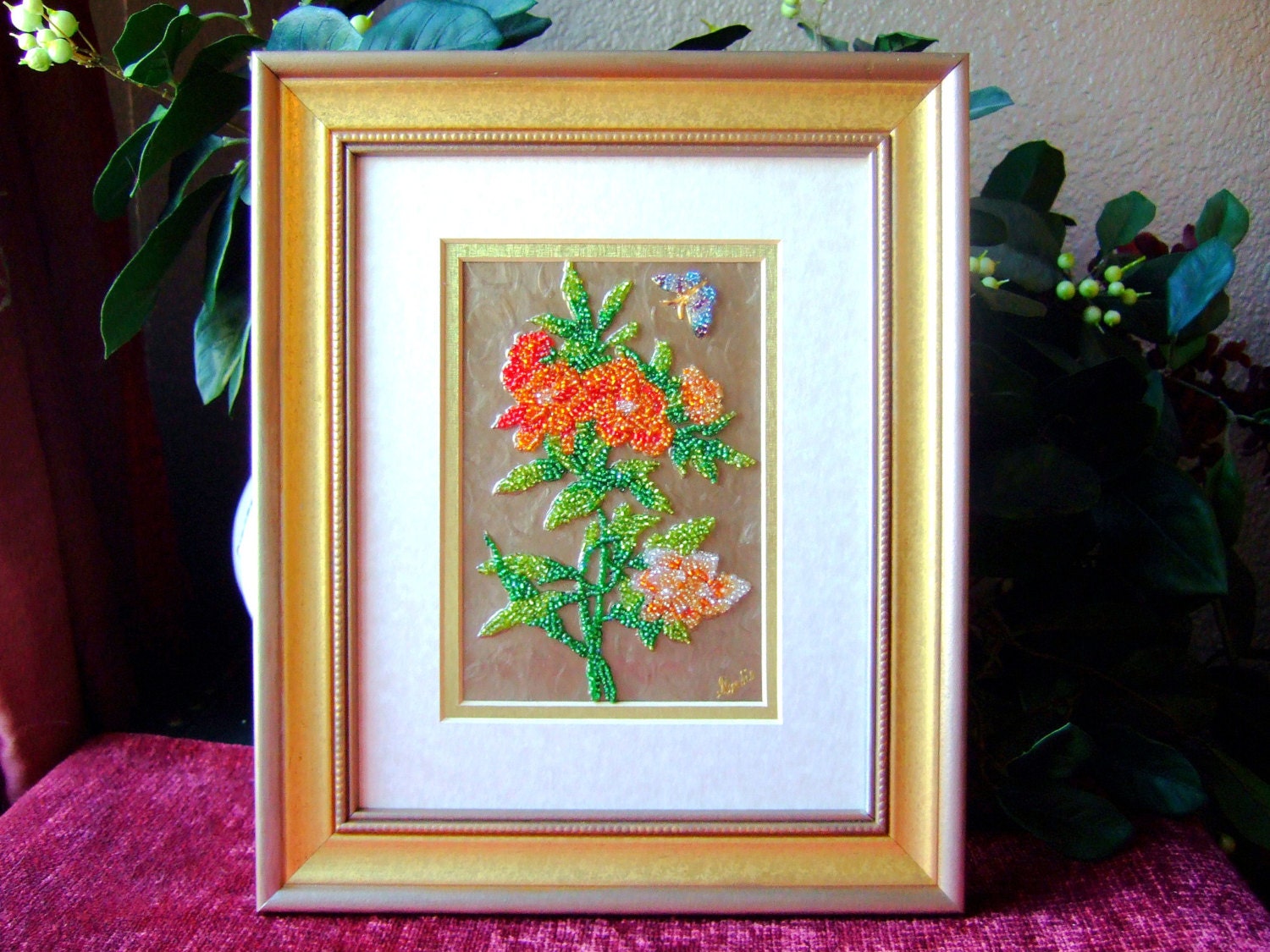 Beautiful Beaded Floral and Butterfly Wall Art, Mixed Media, Sahara Gold and Antique Finished Vintage Picture Frame
