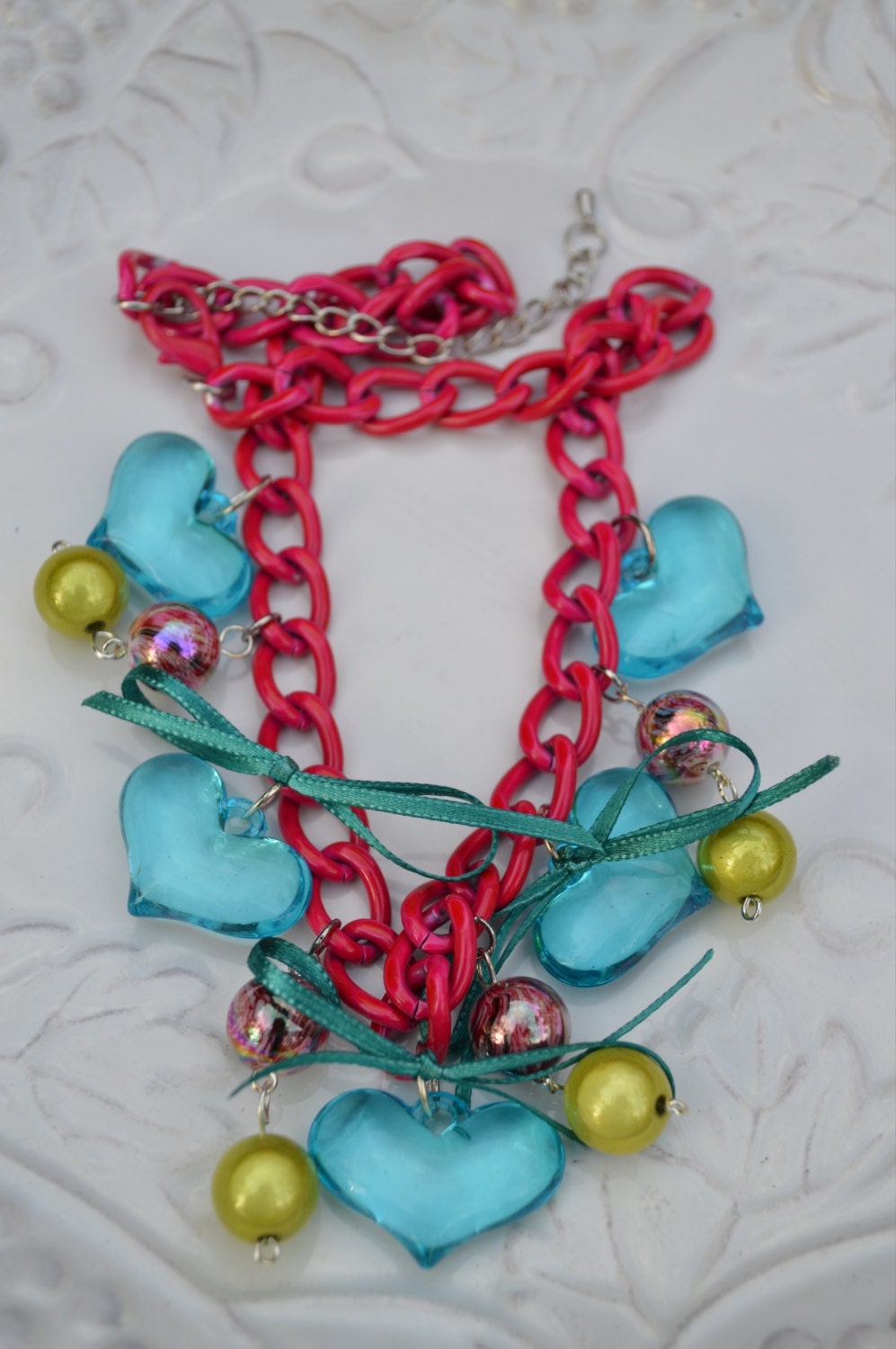Chains and Charms Beaded Bubblegum Necklace Girls Infant Boutique Jewelry Hot Pink Chain w Turquoise Heart and Bead Charms Photo Prop