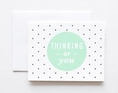 Thinking Of You Card, Screenprinted, Mint, Polka Dots