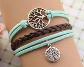 Wishing tree bracelet,retro silver tree bracelet,brown braid leather bracelet---B203