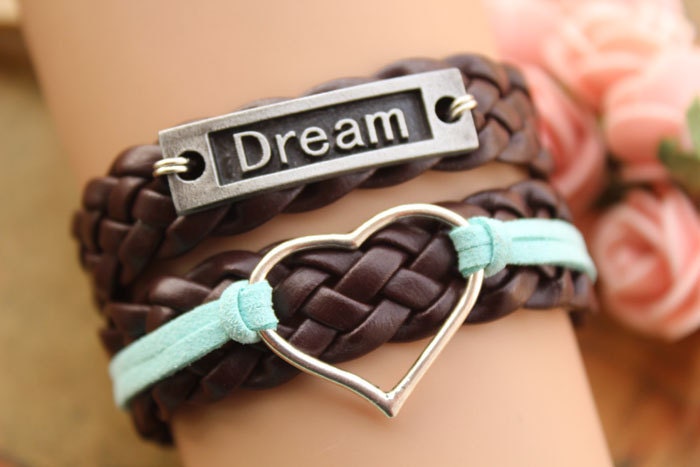 Dream heart bracelet,retro silver heart pendant bracelet,brown leather braid bracelet---B208