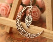 owl necklace,moon necklace,retro silver little cute owl and crescent moon pendant---N092
