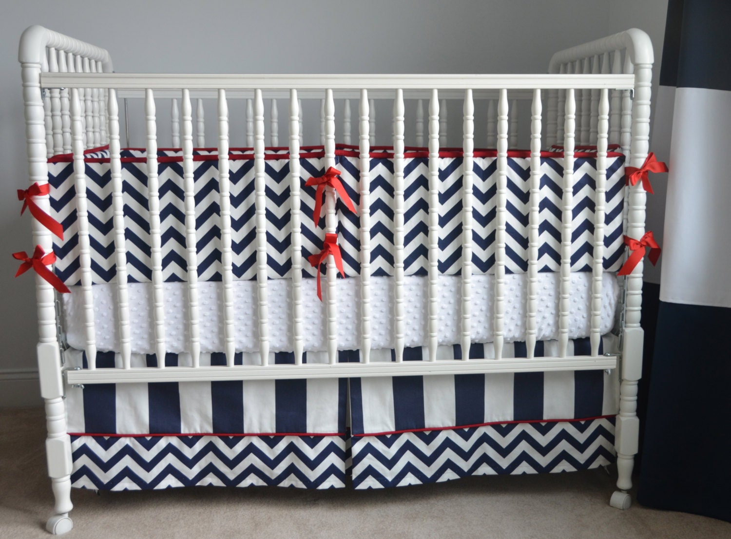 Custom Three Piece Crib Bedding in Navy and Red-Crib bumper, skirt and minky sheet