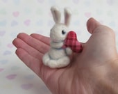Felted White Bunny holding Red Heart Ornamental Merino Rabbit Decoration