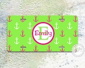 Lime green license hot pink anchors with monogram personalized nautical  car tag gift