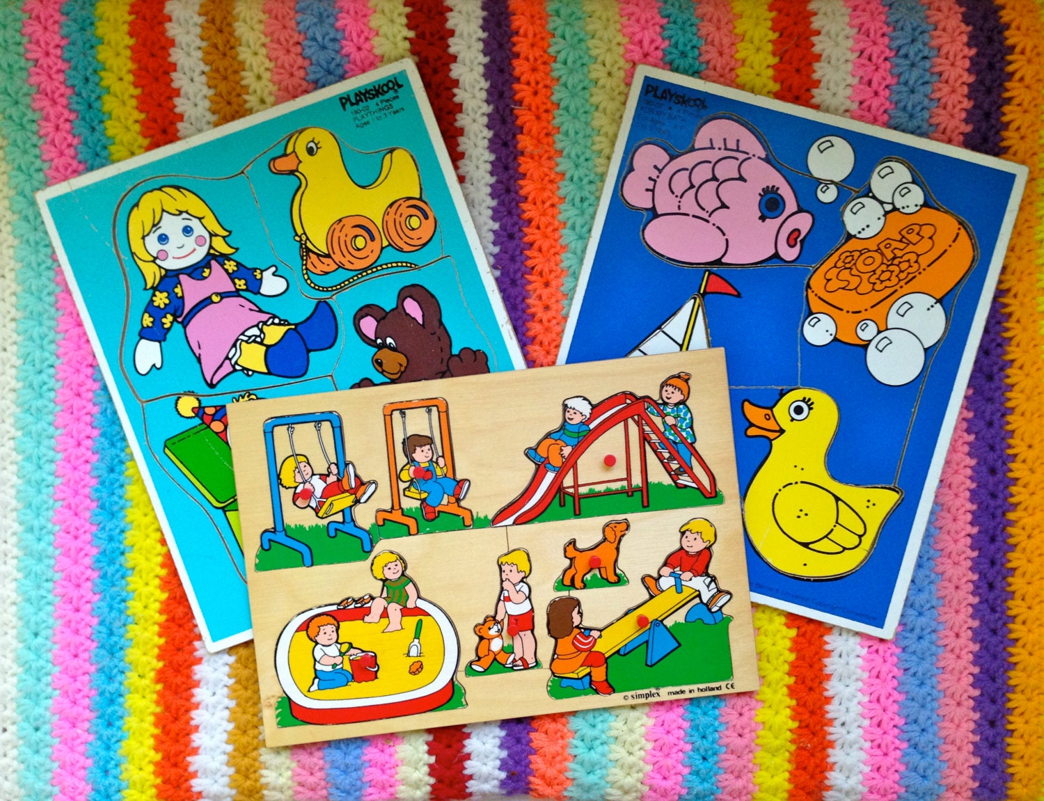 Vintage Lot of 3 Wood Puzzles For Age 1-3 Playskool and Simplex