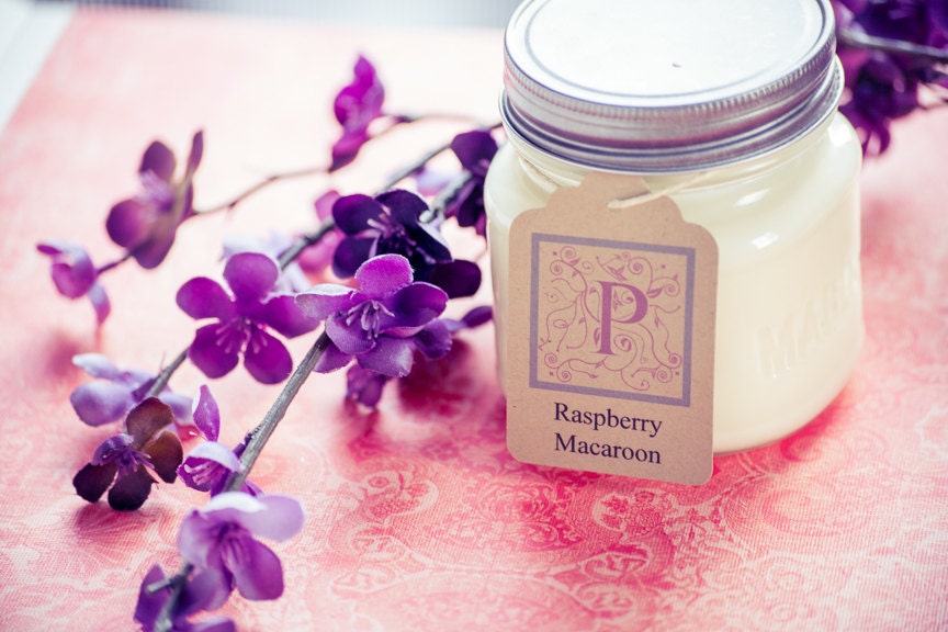Raspberry Macaroon Scented Soy Candle in 8oz Mason Jar