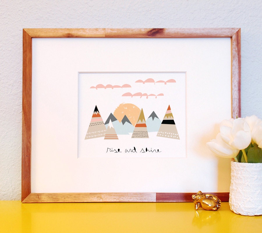 rise and shine art print 8 x 10 geometric pattern mountain clouds and handwritten typography in spring colors with white background