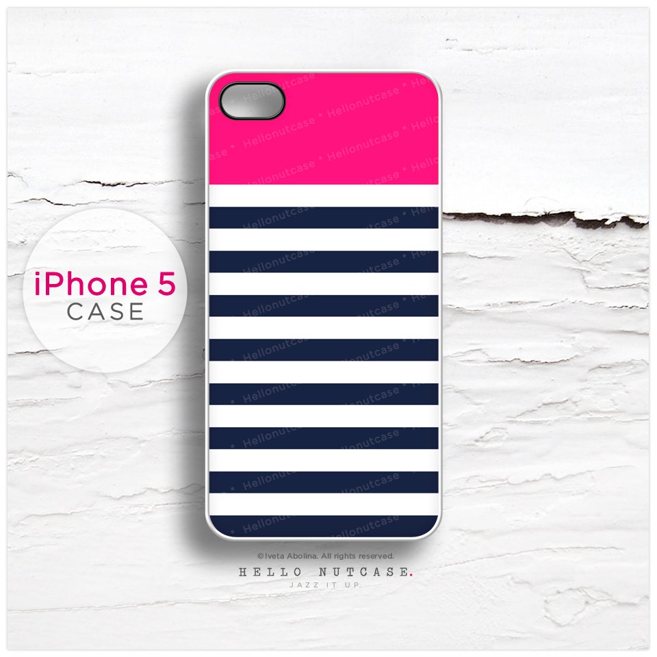 iPhone 5 case Navy Blue and White Stripes, Pink Top C58