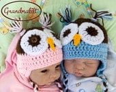 Baby CROCHETED Brown/Blue or Brown/Pink OWL Earflap HAT with Braided Ties Size Preemie Newborn 3 up to 6 Months For Twins