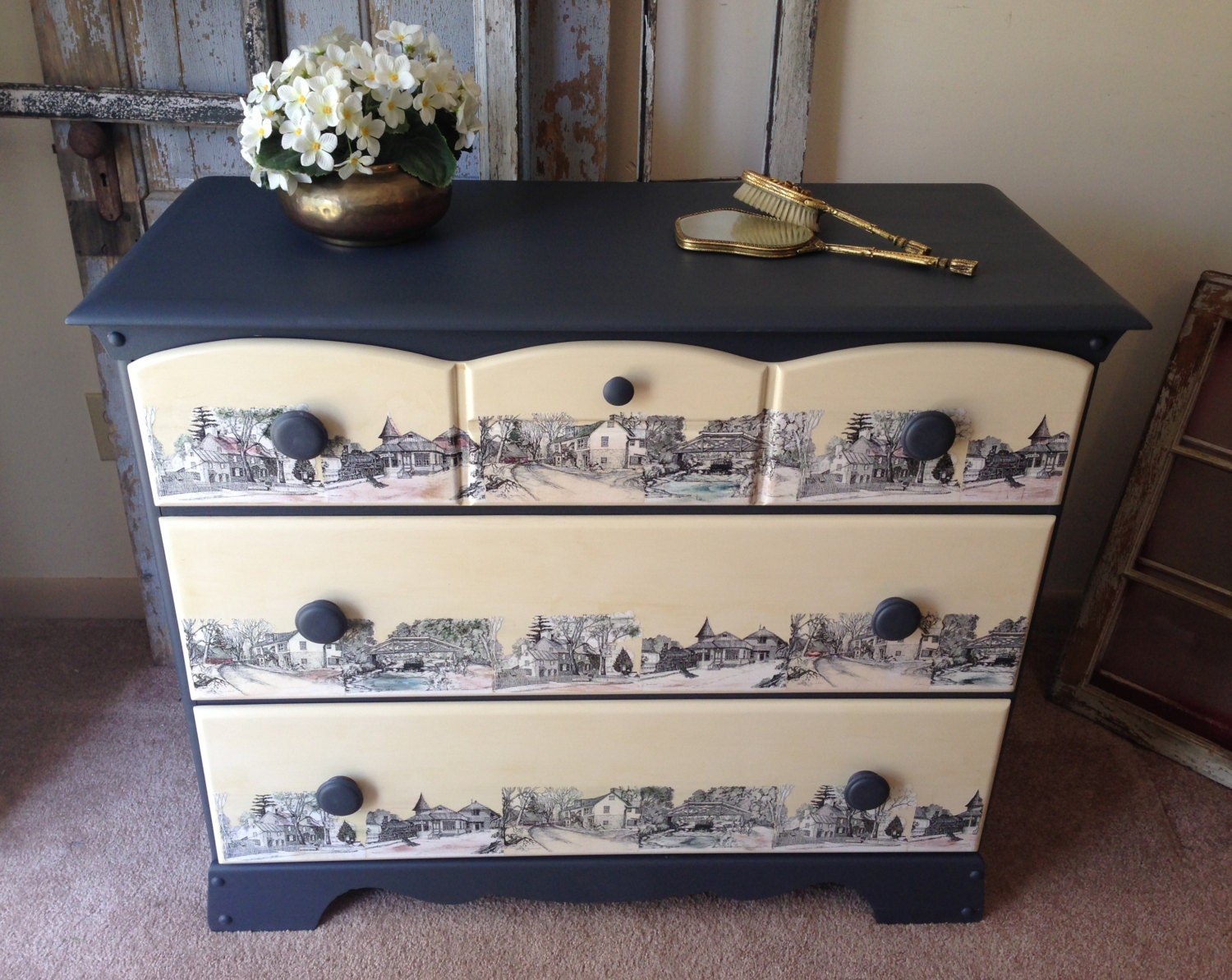 Country Furniture, Painted Chest of Drawers, Wood Decoupaged Chest