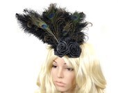 Goth Burlesque feather fascinator in black with peacock feathers victorian