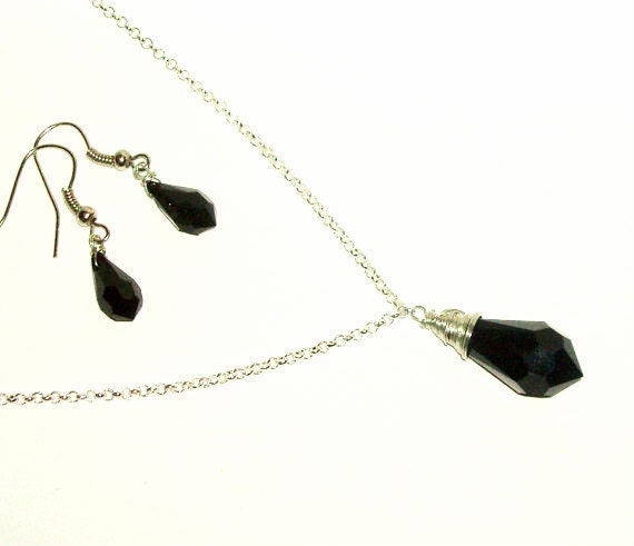 Black drop wire wrapped crystal set fashion cocktail necklace earrings mothers days gift