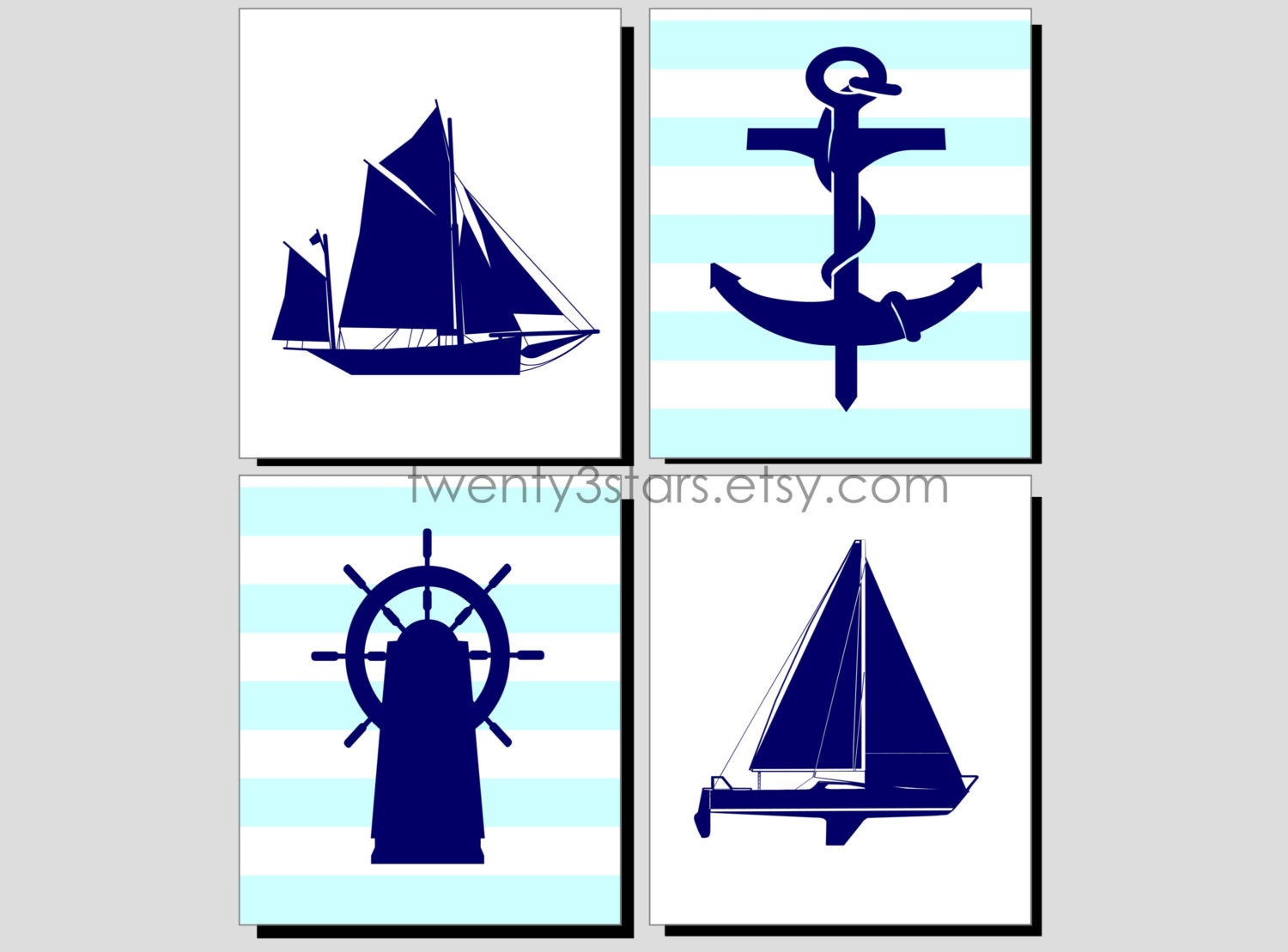 Nautical Set of 4 Giclée Prints of Sailboats, Wheel and Anchor, Perfect for a Sea-Themed Nursery or Living Room Beachy Cottage Art