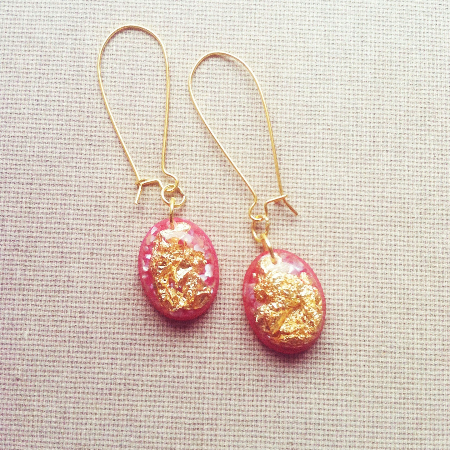Pink and Gold Resin Earrings Boho Earrings Gold Foil Crashed Shell Resin Jewelry Romantic Earrings OOAK