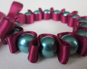 Single Pleated Turqouise and Plum Glass Pearl Ribbon Bracelet - FREE SHIPPING