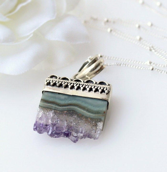Genuine Fluorite Crystal Druzy Pendant Necklace, Purple Druzy Slice, Organic, 925 Sterling Silver, Geode Necklace, Fashion Trend