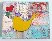 Mixed Media Original Canvas Collage Art - Yellow Bird with Purple Crown, Red Heart and Green Star
