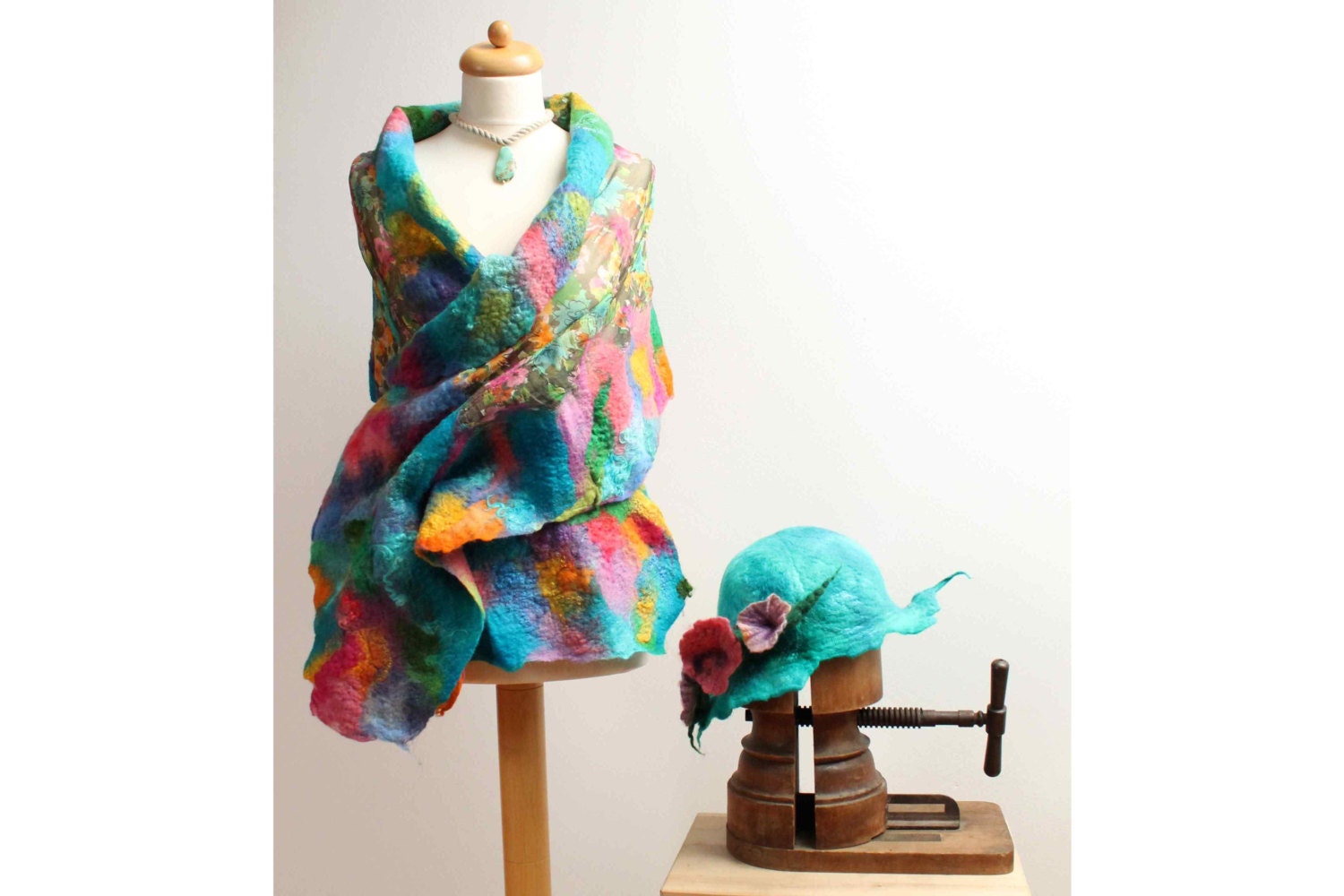 Pastel Rainbow Scarf Nuno Felted Blue Pink Yellow Shawl Wrap Chunky Texture Spring Fashion  Floral Silk Wool Yellow OOAK Extra Long