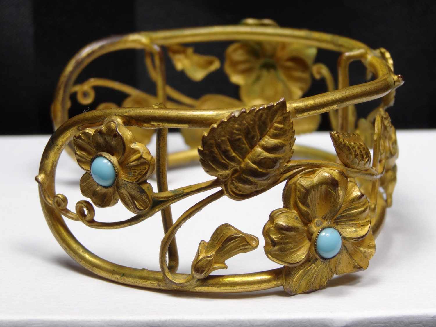 Antique Art Nouveau Cuff Bracelet Victorian Bracelet Turquoise Stones Flowers Unique OOAK