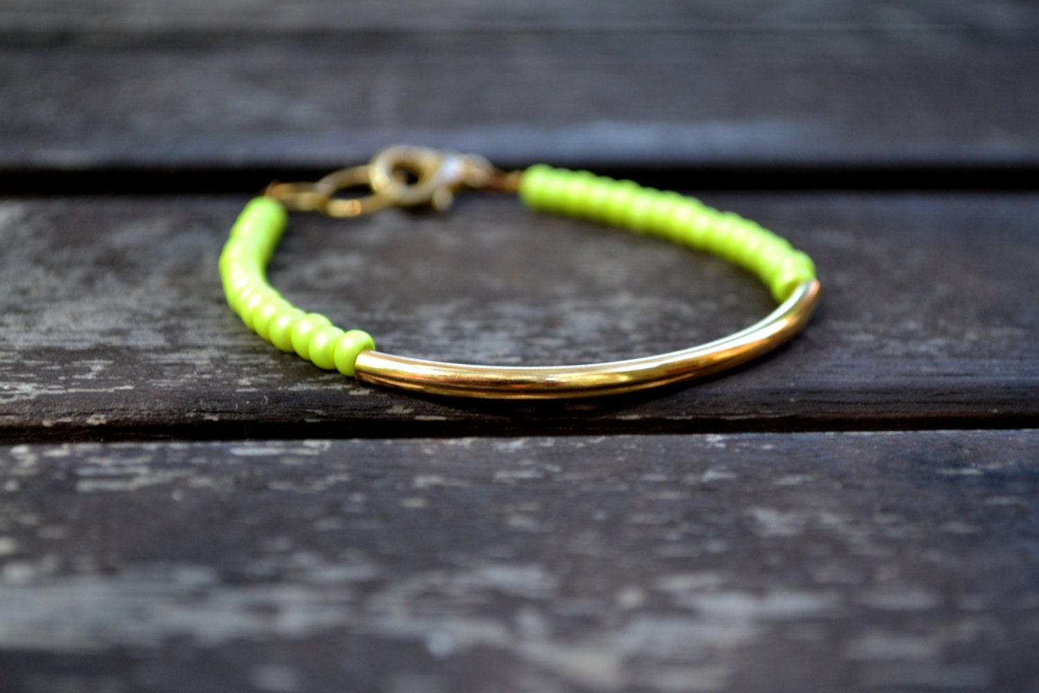 Neon Yellow Luster Czech Seed Bead Gold Tube Bracelet - Stacking Arm Party Lobster Clasp Bracelet