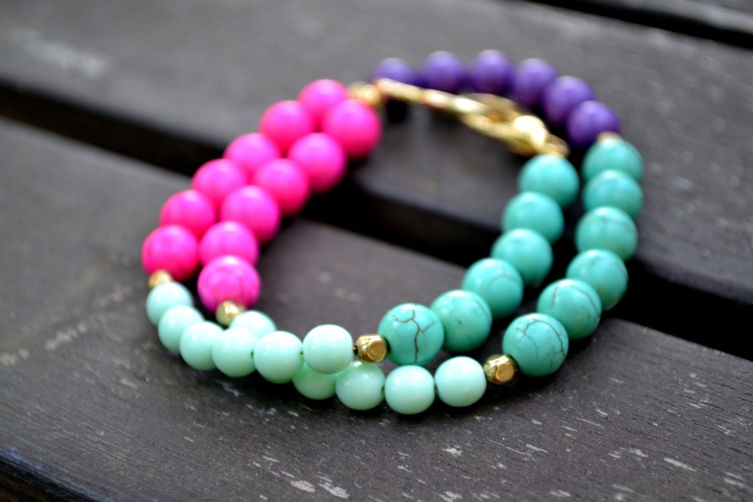 Multi-Colored Magnesite Wrap Bracelet with Lobster Clasp - Turquoise Mint Purple Pink Color Block Stone Beads
