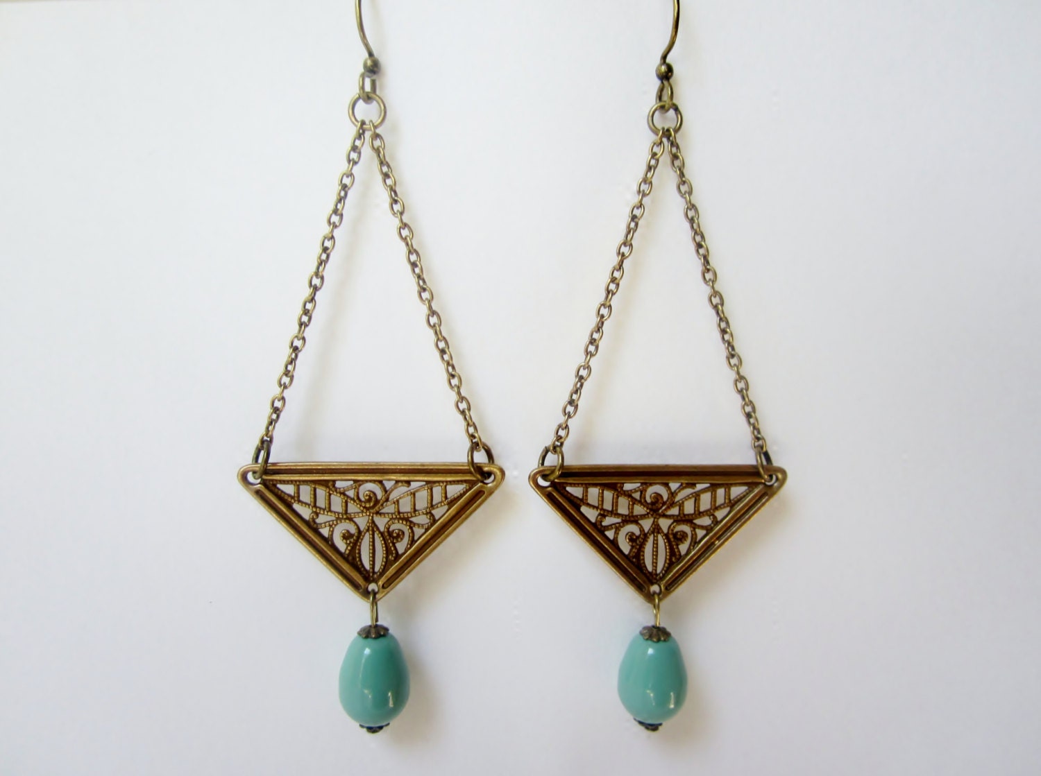 Turquoise Bead Drop Brass ox Triangle Chandelier chain Earrings