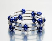 Blue and White Memory Wire Bracelet with Handmade Lampwork Glass Beads and Swarovski Crystal Alabaster - Handmade Jewelry