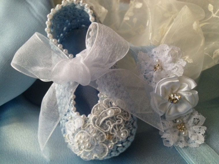 Blue with Pearls and Lace Crochet Booties and Matching Headband