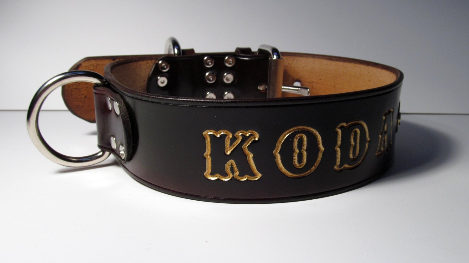 22" x 2" wide Dark Brown with GOLD Letters- Leather Dog Collar Brass ID Tag & Pet Name