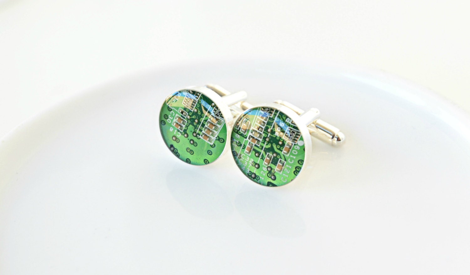 Nerdy Cuff links - Modern Green Cufflinks - Sterling Silver Plated - Circuit Board - Geekery Men - Men Accessories - Men's Jewelry